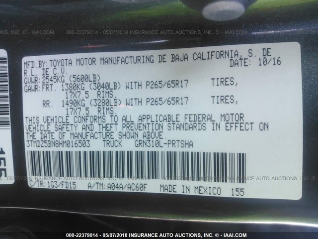 3TMDZ5BN8HM016503 - 2017 TOYOTA TACOMA DBL CAB/SR5/TRD SPORT/OR GRAY photo 9