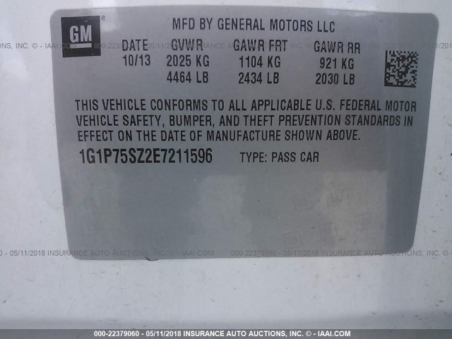 1G1P75SZ2E7211596 - 2014 CHEVROLET CRUZE WHITE photo 9