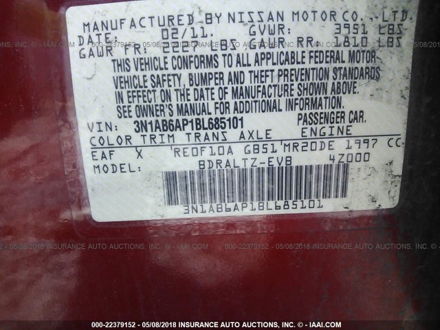 3N1AB6AP1BL685101 - 2011 NISSAN SENTRA 2.0/2.0S/SR/2.0SL RED photo 9