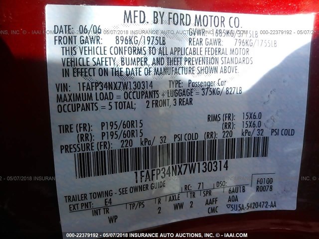 1FAFP34NX7W130314 - 2007 FORD FOCUS ZX4/S/SE/SES 红色 照片 9