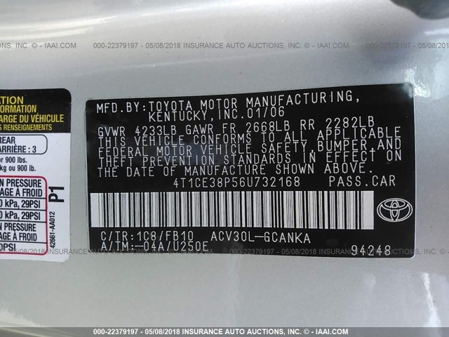 4T1CE38P56U732168 - 2006 TOYOTA CAMRY SOLARA SE/SLE ვერცხლისფერი ფოტო 9