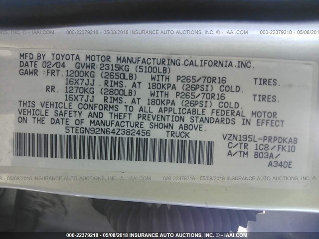 5TEGN92N64Z382456 - 2004 TOYOTA TACOMA DOUBLE CAB PRERUNNER GRAY photo 9