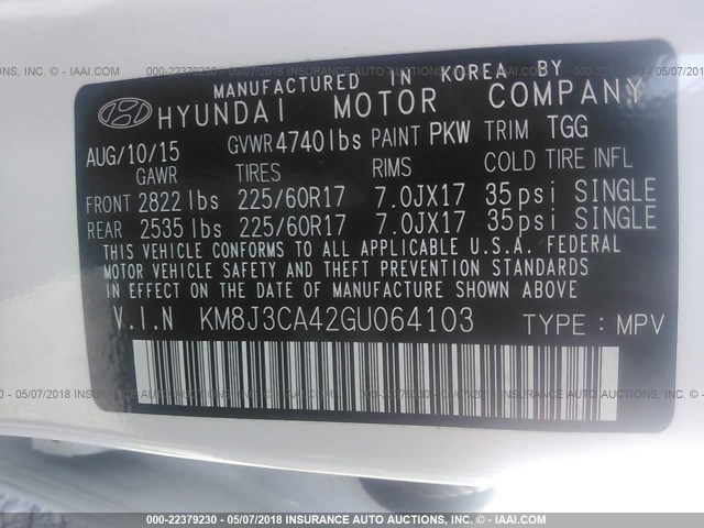 KM8J3CA42GU064103 - 2016 HYUNDAI TUCSON LIMITED/SPORT AND ECO/SE WHITE photo 9