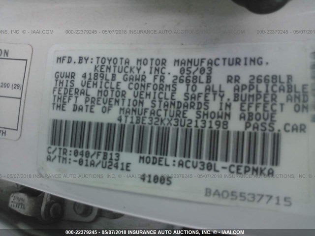 4T1BE32KX3U213198 - 2003 TOYOTA CAMRY LE/XLE/SE თეთრი ფოტო 9