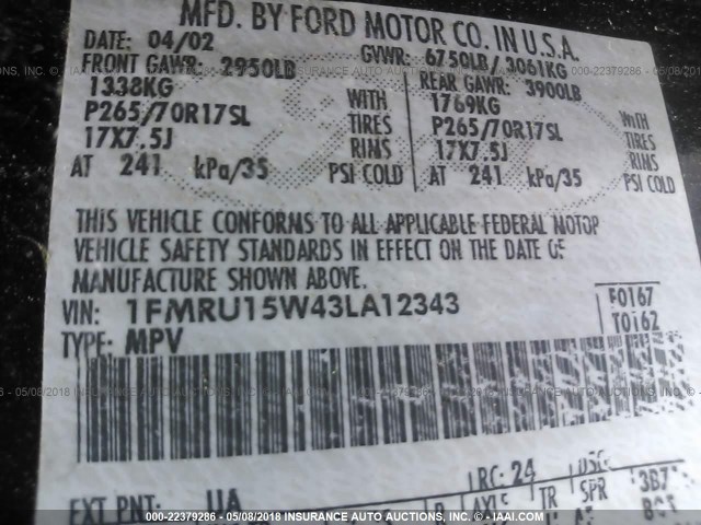 1FMRU15W43LA12343 - 2003 FORD EXPEDITION XLT BLACK photo 9