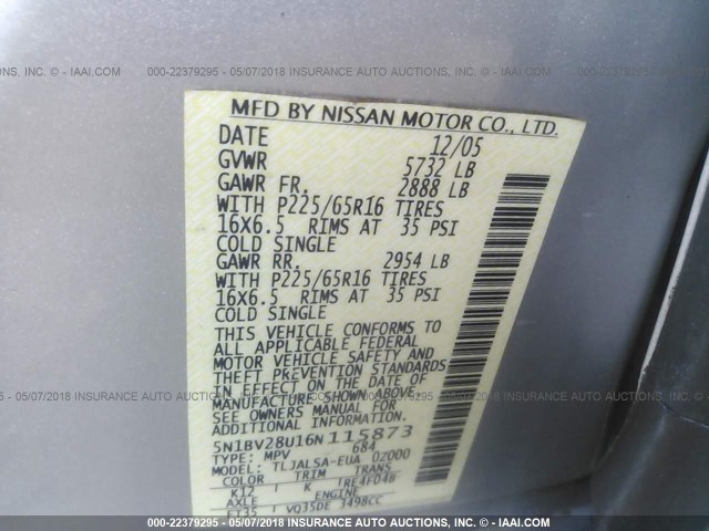 5N1BV28U16N115873 - 2006 NISSAN QUEST S/SE/SL SILVER photo 9