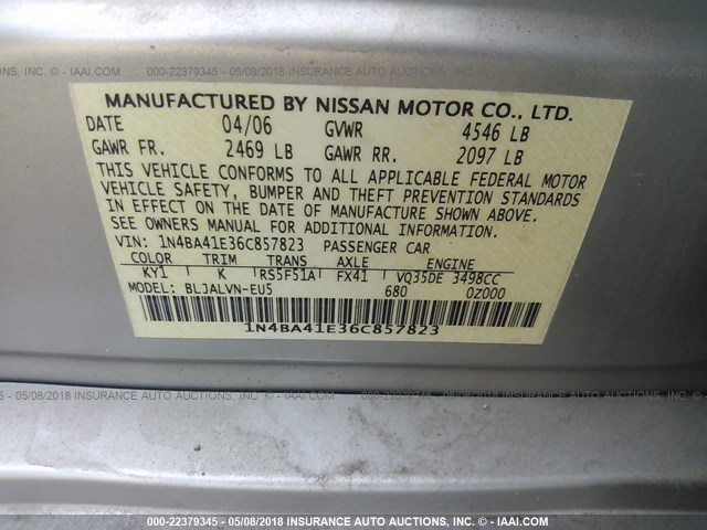 1N4BA41E36C857823 - 2006 NISSAN MAXIMA SE/SL SILVER photo 9