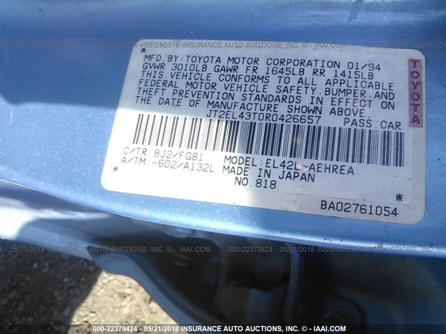 JT2EL43T0R0426657 - 1994 TOYOTA TERCEL DX Light Blue photo 9