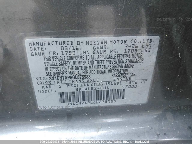 3N1CN7AP6GL875988 - 2016 NISSAN VERSA S/S PLUS/SV/SL GRAY photo 9