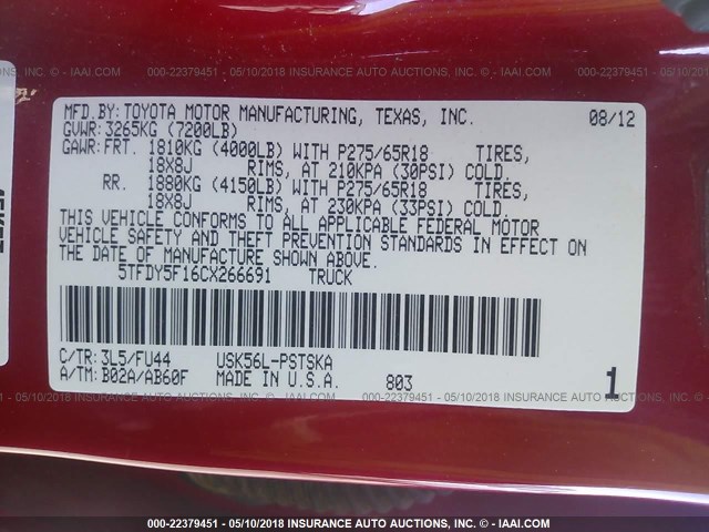 5TFDY5F16CX266691 - 2012 TOYOTA TUNDRA CREWMAX SR5 RED photo 9