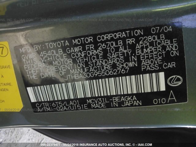 JTHBA30G955062767 - 2005 LEXUS ES 330 GREEN photo 9