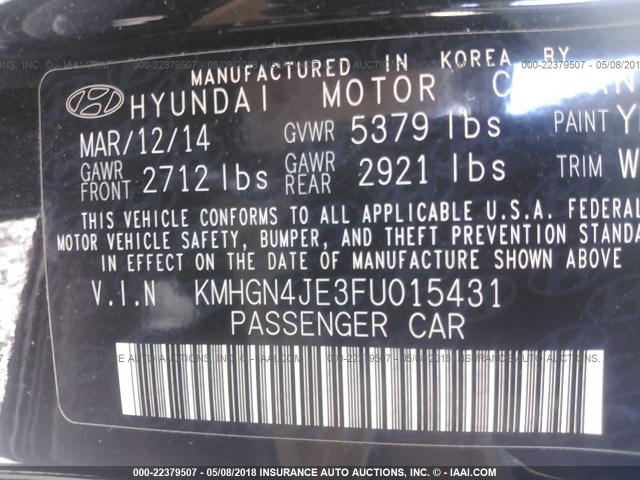 KMHGN4JE3FU015431 - 2015 HYUNDAI GENESIS 3.8L BLACK photo 9