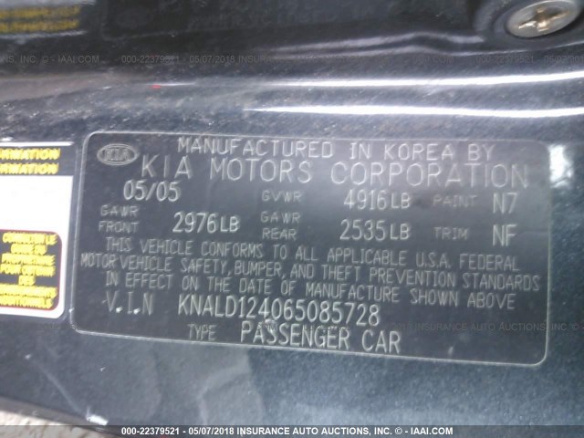 KNALD124065085728 - 2006 KIA AMANTI GRAY photo 9