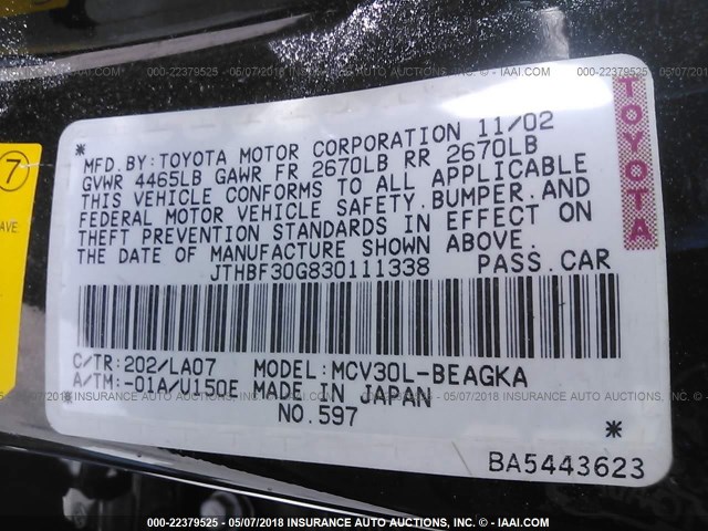 JTHBF30G830111338 - 2003 LEXUS ES 300 BLACK photo 9