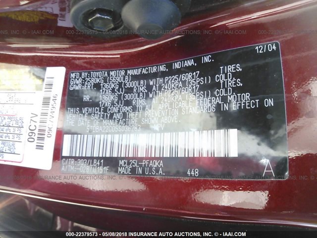 5TDBA22C05S036283 - 2005 TOYOTA SIENNA XLE/XLE LIMITED MAROON photo 9