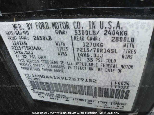 1FMDA41X9LZB79152 - 1990 FORD AEROSTAR BLUE photo 9