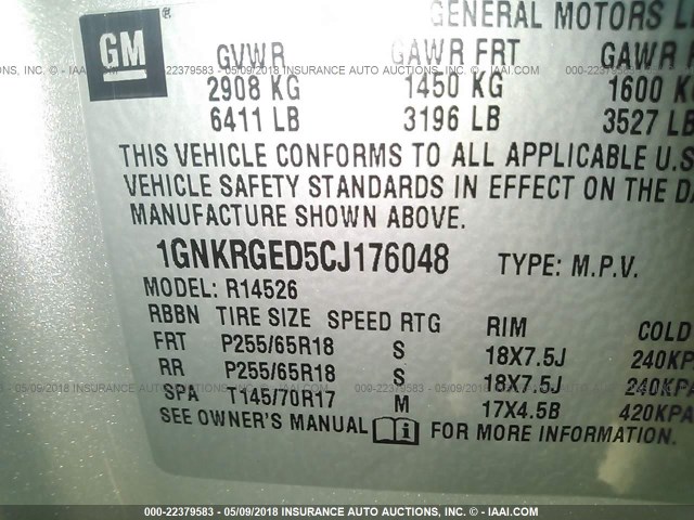 1GNKRGED5CJ176048 - 2012 CHEVROLET TRAVERSE LT SILVER photo 9