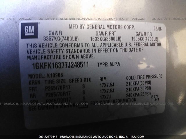 1GKFK16377J248511 - 2007 GMC YUKON XL K1500 SILVER photo 9