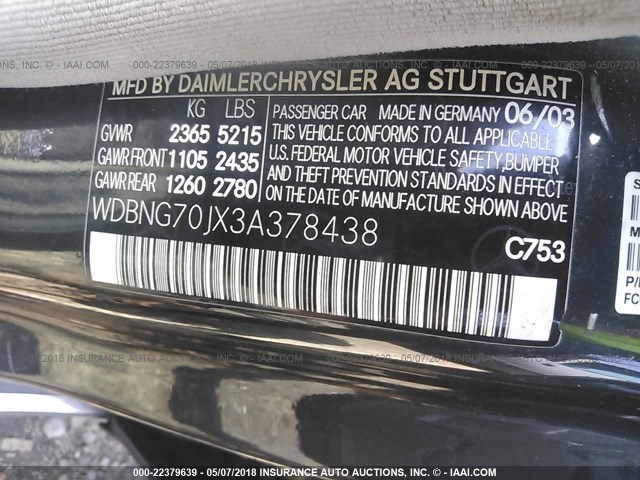 WDBNG70JX3A378438 - 2003 MERCEDES-BENZ S 430 GRAY photo 9