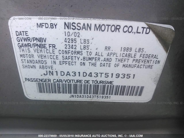 JN1DA31D43T519351 - 2003 NISSAN MAXIMA GLE/GXE/SE SILVER photo 9