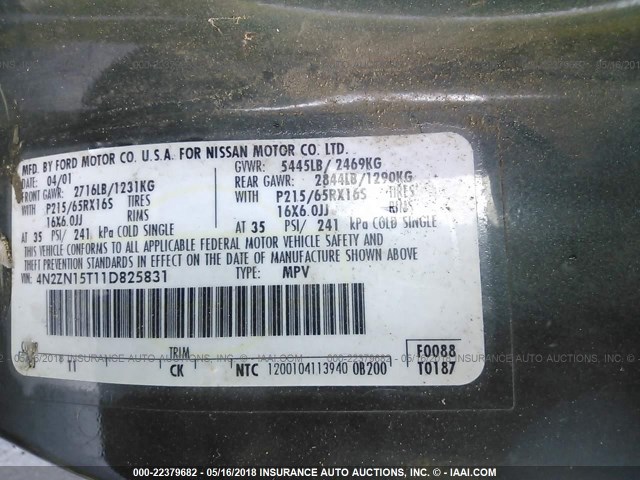 4N2ZN15T11D825831 - 2001 NISSAN QUEST GXE GREEN photo 9