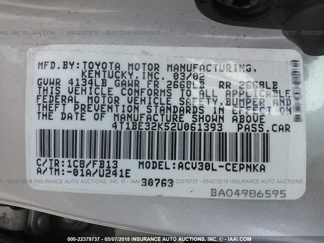 4T1BE32K52U061393 - 2002 TOYOTA CAMRY LE/XLE/SE WHITE photo 9