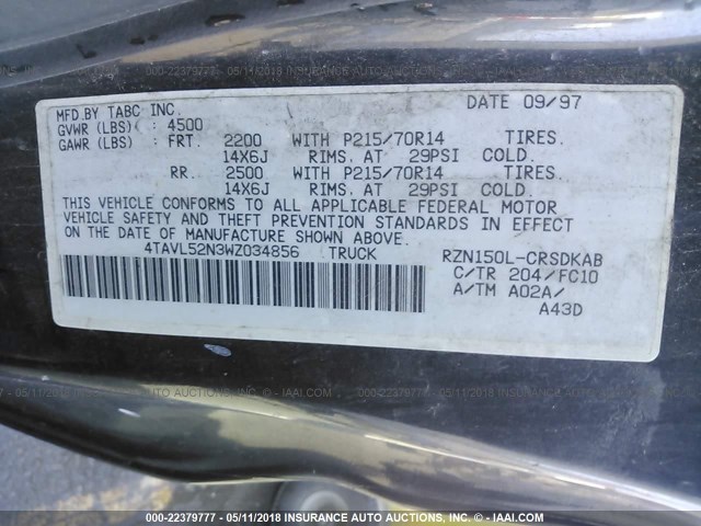 4TAVL52N3WZ034856 - 1998 TOYOTA TACOMA XTRACAB BLACK photo 9