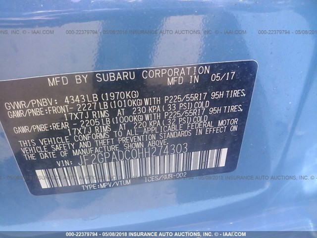 JF2GPADC0HH274303 - 2017 SUBARU CROSSTREK PREMIUM ლურჯი ფოტო 9