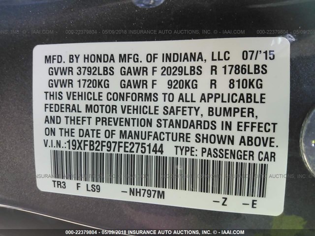 19XFB2F97FE275144 - 2015 HONDA CIVIC EXL 灰色 照片 9