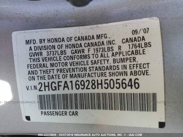 2HGFA16928H505646 - 2008 HONDA CIVIC EXL Gümüş foto 9