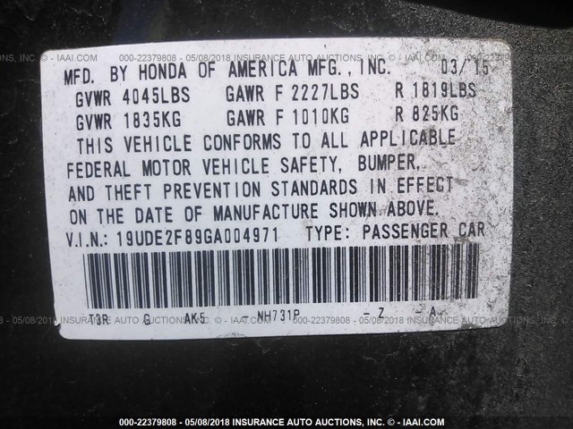 19UDE2F89GA004971 - 2016 ACURA ILX PREMIUM STYLE/TECH STYLE BLACK photo 9