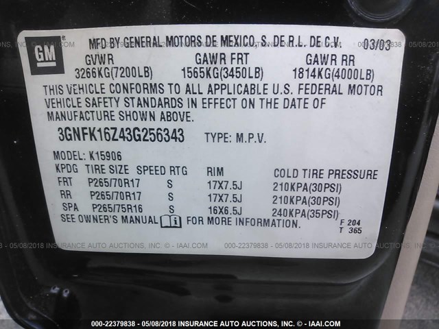 3GNFK16Z43G256343 - 2003 CHEVROLET SUBURBAN K1500 BLACK photo 9