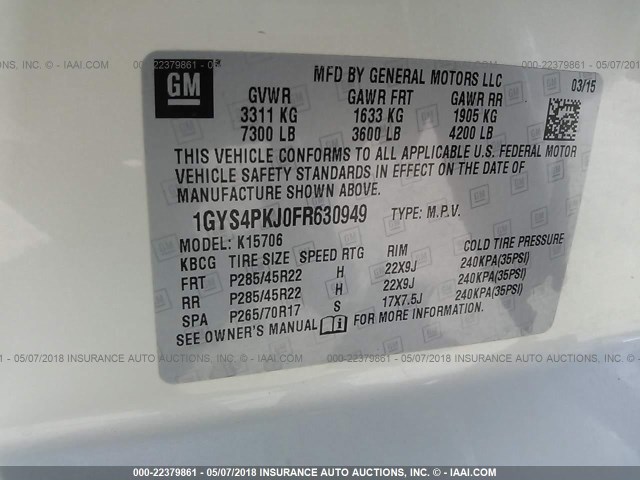 1GYS4PKJ0FR630949 - 2015 CADILLAC ESCALADE PLATINUM WHITE photo 9