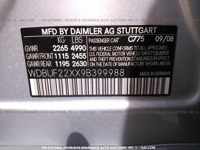 WDBUF22XX9B399988 - 2009 MERCEDES-BENZ E 320 CDI SILVER photo 9