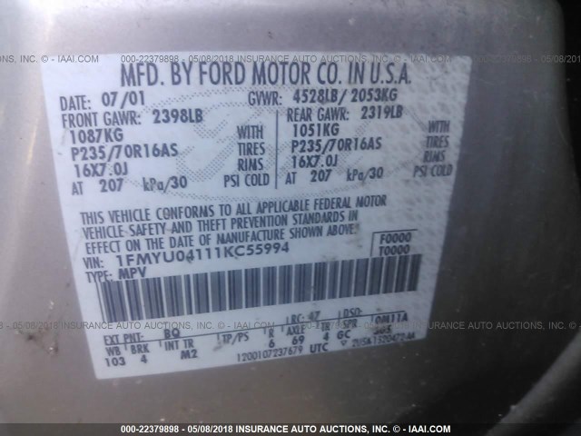 1FMYU04111KC55994 - 2001 FORD ESCAPE XLT GOLD photo 9