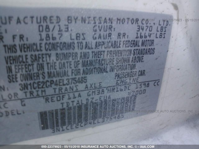 3N1CE2CP4EL375485 - 2014 NISSAN VERSA NOTE S/S PLUS/SV/SL WHITE photo 9