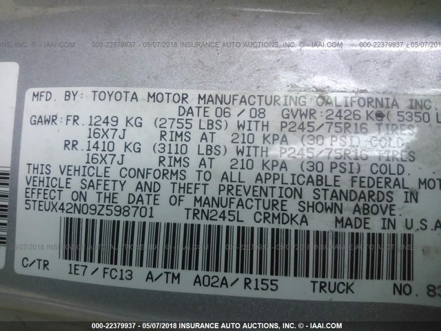 5TEUX42N09Z598701 - 2009 TOYOTA TACOMA ACCESS CAB Silber Foto 9