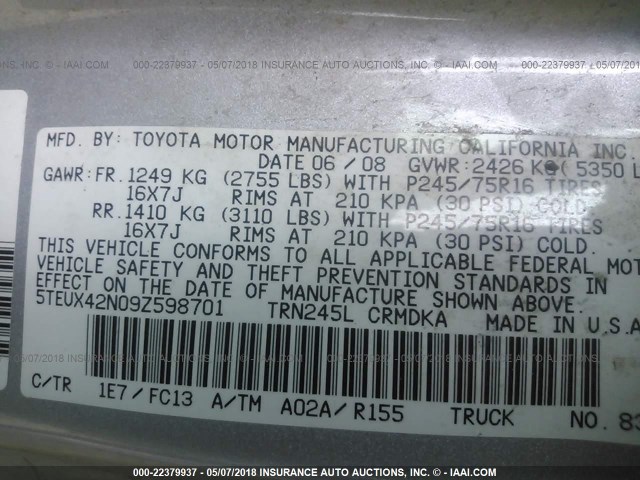 5TEUX42N09Z598701 - 2009 TOYOTA TACOMA ACCESS CAB SILVER photo 9