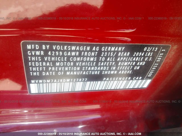 WVWDM7AJ8DW127877 - 2013 VOLKSWAGEN GOLF 红色 照片 9