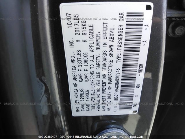 1HGCP264X8A020245 - 2008 HONDA ACCORD LXP GRAY photo 9