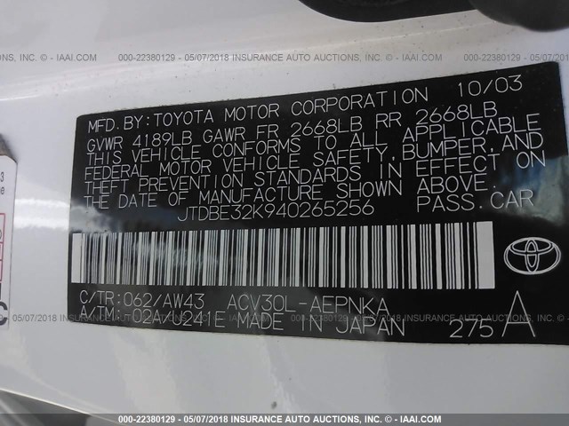 JTDBE32K940265256 - 2004 TOYOTA CAMRY LE/XLE Weiß Foto 9