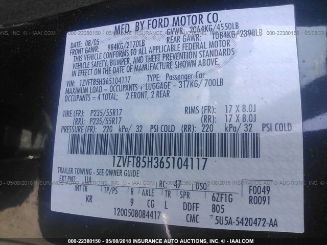 1ZVFT85H365104117 - 2006 FORD MUSTANG GT BLACK photo 9