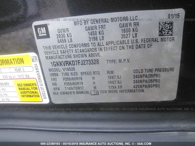 1GKKVRKD7FJ273328 - 2015 GMC ACADIA SLT-1 GRAY photo 9