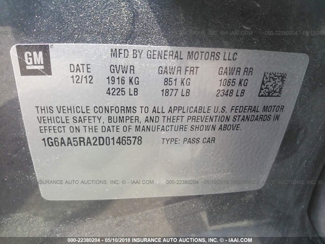 1G6AA5RA2D0146578 - 2013 CADILLAC ATS GRAY photo 9