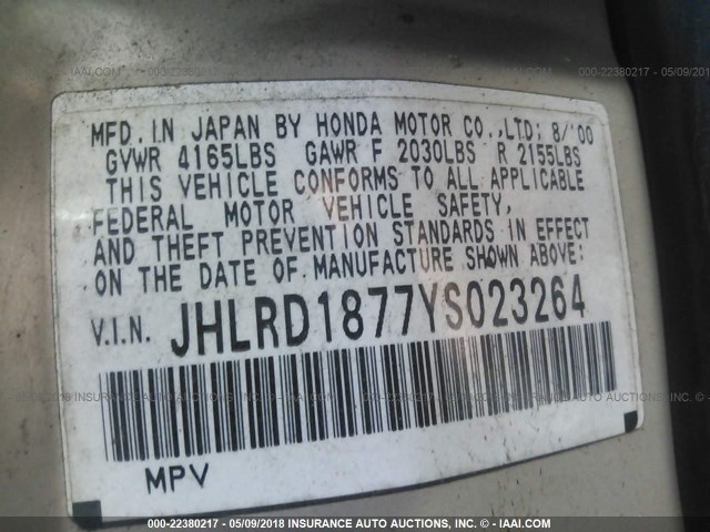 JHLRD1877YS023264 - 2000 HONDA CR-V SE/EX TAN photo 9