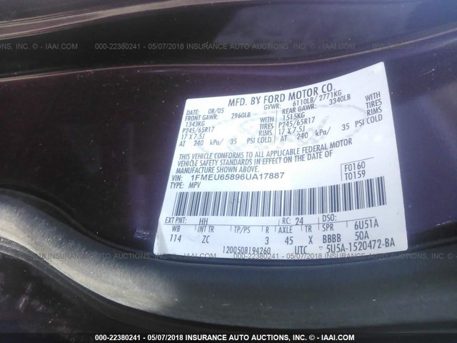 1FMEU65896UA17887 - 2006 FORD EXPLORER LIMITED 栗色 照片 9