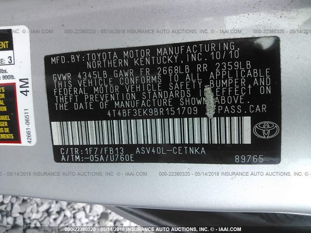 4T4BF3EK9BR151709 - 2011 TOYOTA CAMRY SE/LE/XLE SILVER photo 9