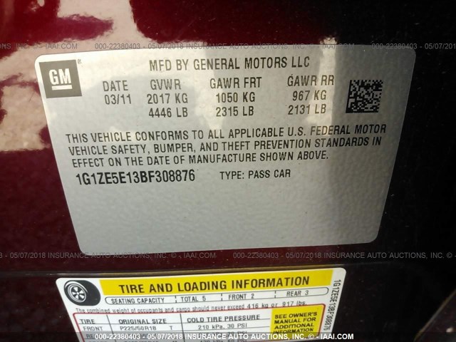 1G1ZE5E13BF308876 - 2011 CHEVROLET MALIBU LTZ 勃艮第红 照片 9