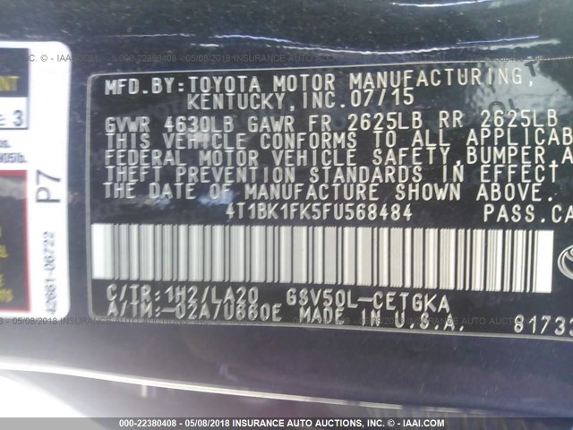 4T1BK1FK5FU568484 - 2015 TOYOTA CAMRY XSE/XLE Qara foto 9