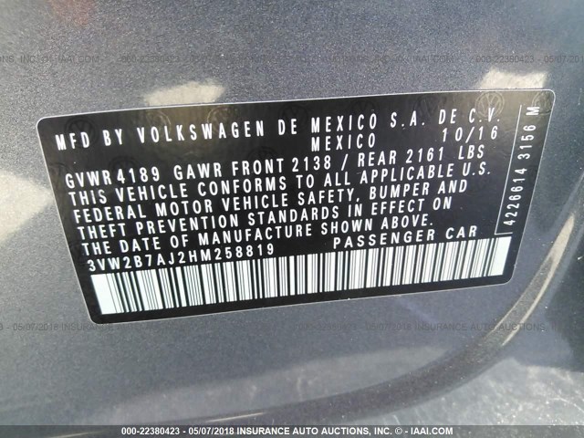 3VW2B7AJ2HM258819 - 2017 VOLKSWAGEN JETTA S 灰色 照片 9